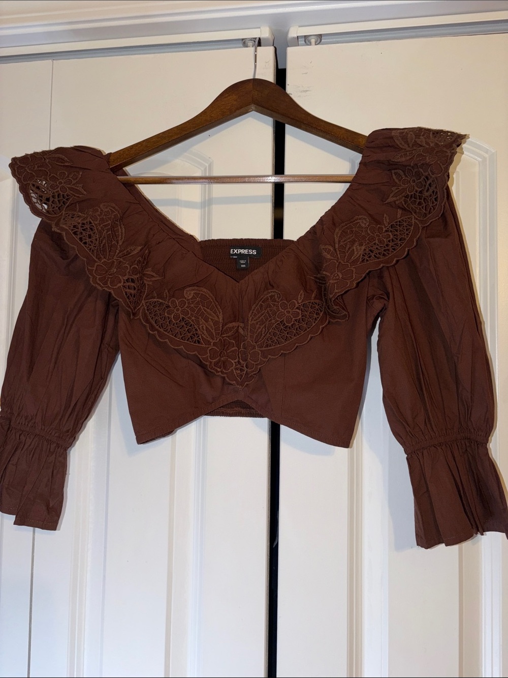 Express Brown Embroidered Off-Shoulder Crop Blouse